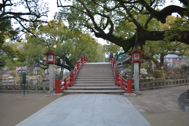 The red drum bridge over the pond at Dazaifu Tenmangu, near Fukuoka