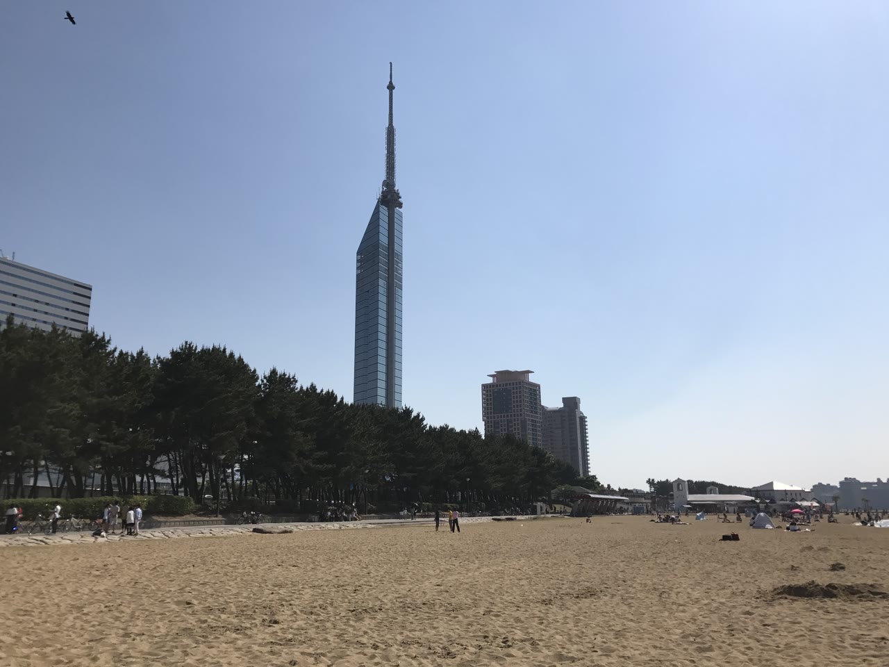 Momochi Seaside Park beach, with Fukuoka Tower behind it