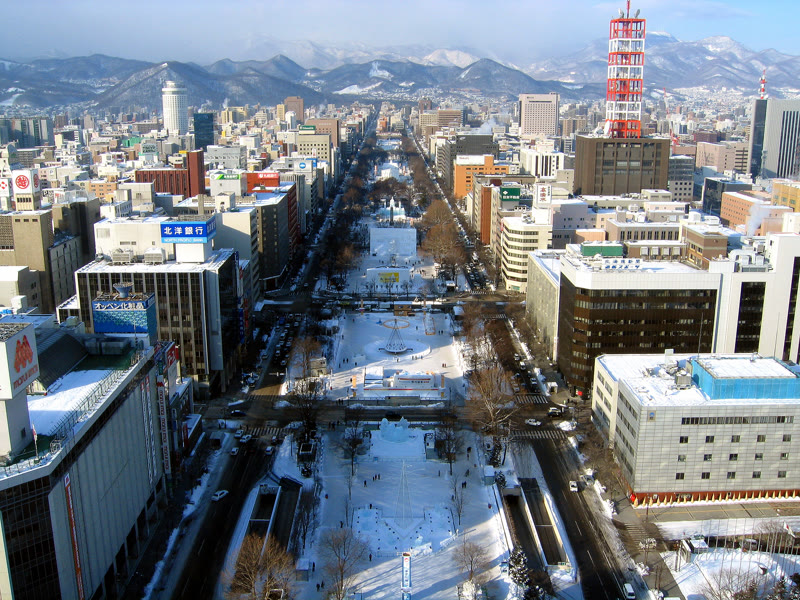 Odori Park under snow, seen from above